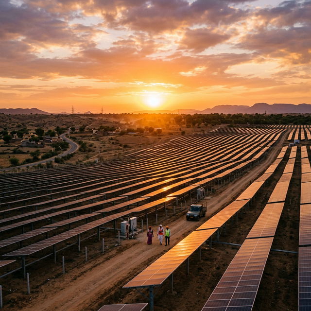 Solar farm at sunset with rows of photovoltaic panels generating clean energy