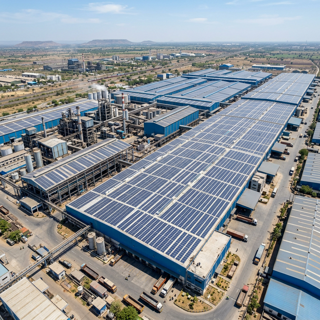Large-scale industrial and institutional solar panel installation on factory roof