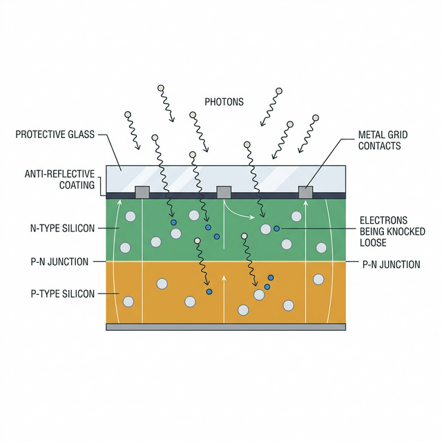 Cross-section diagram of a silicon photovoltaic solar cell showing how sunlight creates electricity