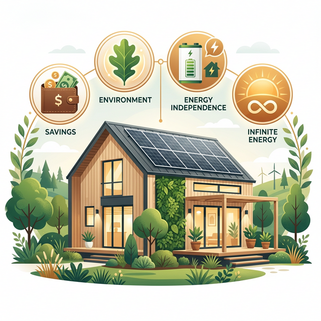 Illustration showing financial savings and environmental benefits of rooftop solar installation for Indian homes