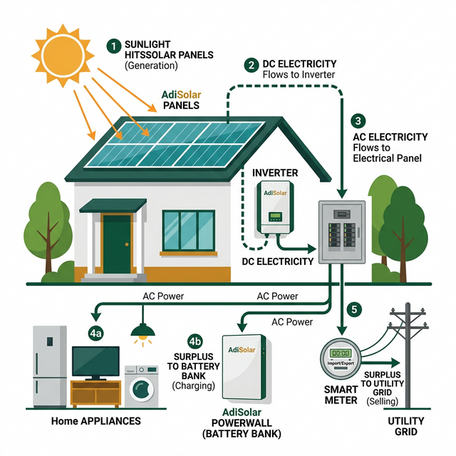 Complete solar energy flow diagram showing sun to rooftop panels to inverter to home appliances and electricity grid
