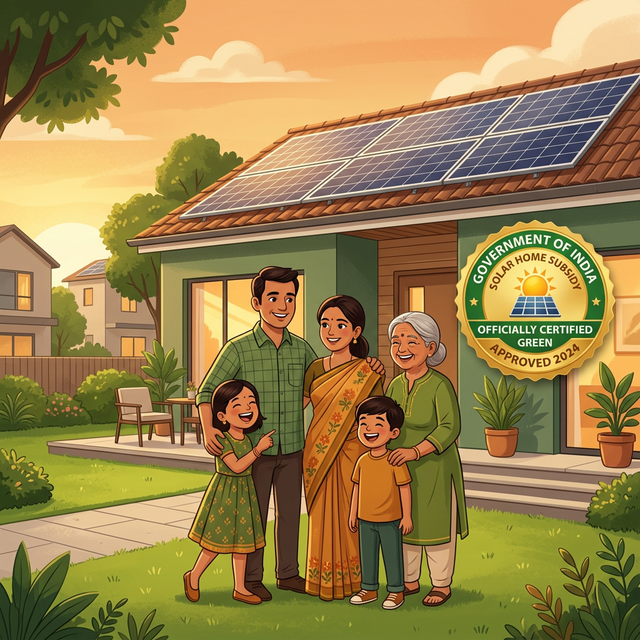 Indian family home with rooftop solar panels and PM Surya Ghar Muft Bijli Yojana government subsidy badge