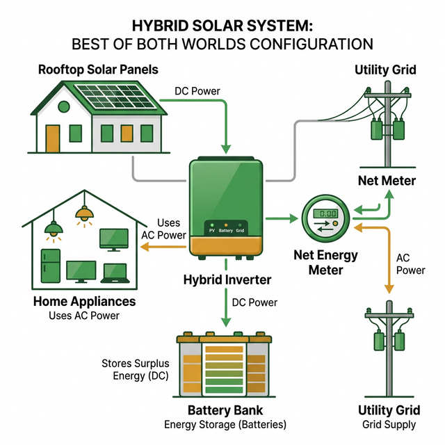 Hybrid solar system diagram combining grid connection and battery storage for 24/7 power security