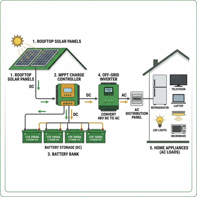 Off-grid solar system diagram with battery storage for remote locations and areas with frequent power cuts