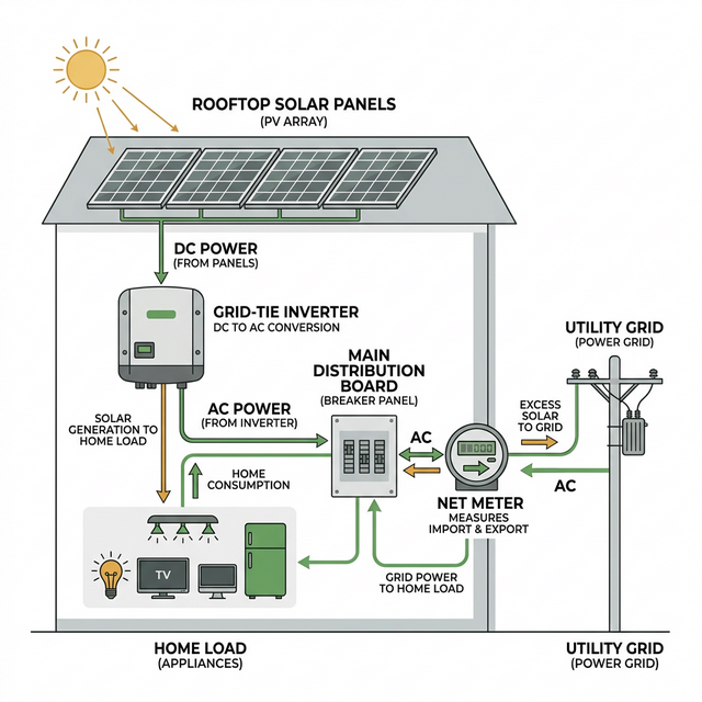 On-grid solar system diagram showing rooftop panels connected to home and electricity grid with net metering